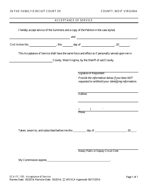 Form SCA-FC-105 Acceptance of Service - West Virginia