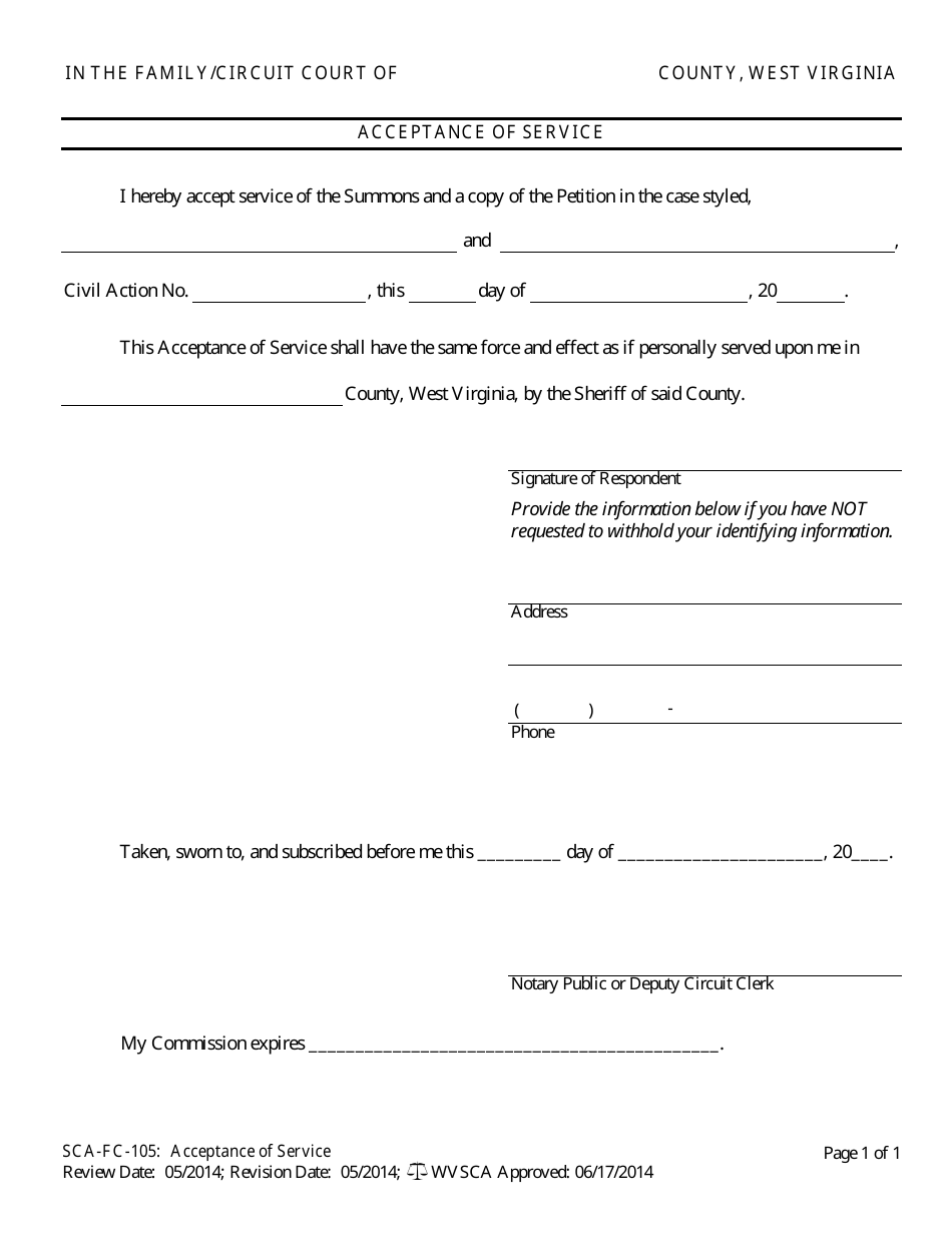 Form SCA-FC-105 Acceptance of Service - West Virginia, Page 1