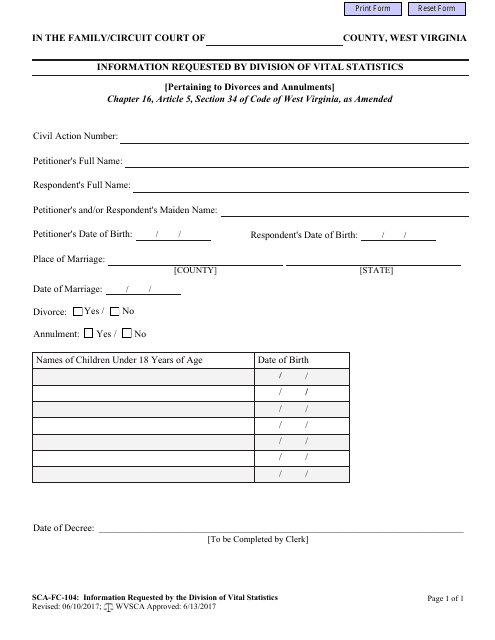 Form SCA-FC-104 Information Requested by Division of Vital Statistics - West Virginia