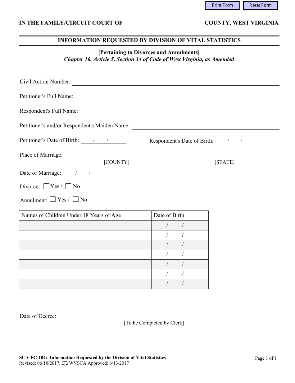 Form SCA-FC-104 Information Requested by Division of Vital Statistics - West Virginia, Page 1