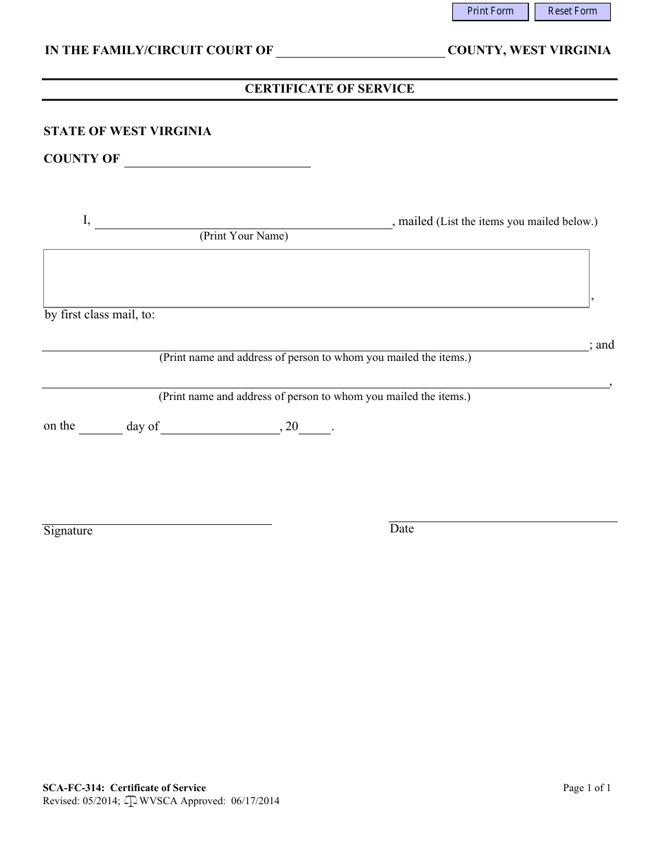 Form SCA-FC-314 Certificate of Service - West Virginia, Page 1