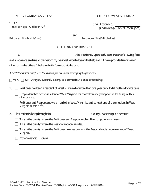 Form SCA-FC-101 Petition for Divorce - West Virginia