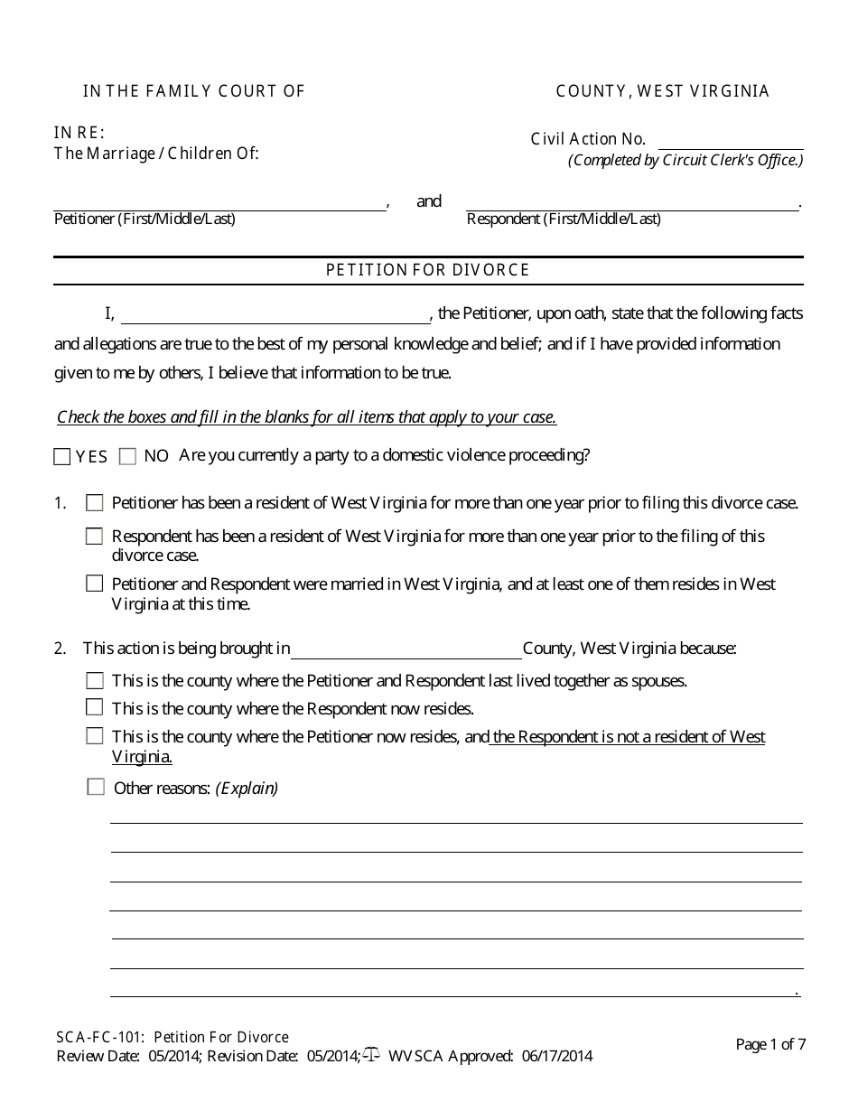 Form SCA-FC-101 Petition for Divorce - West Virginia, Page 1
