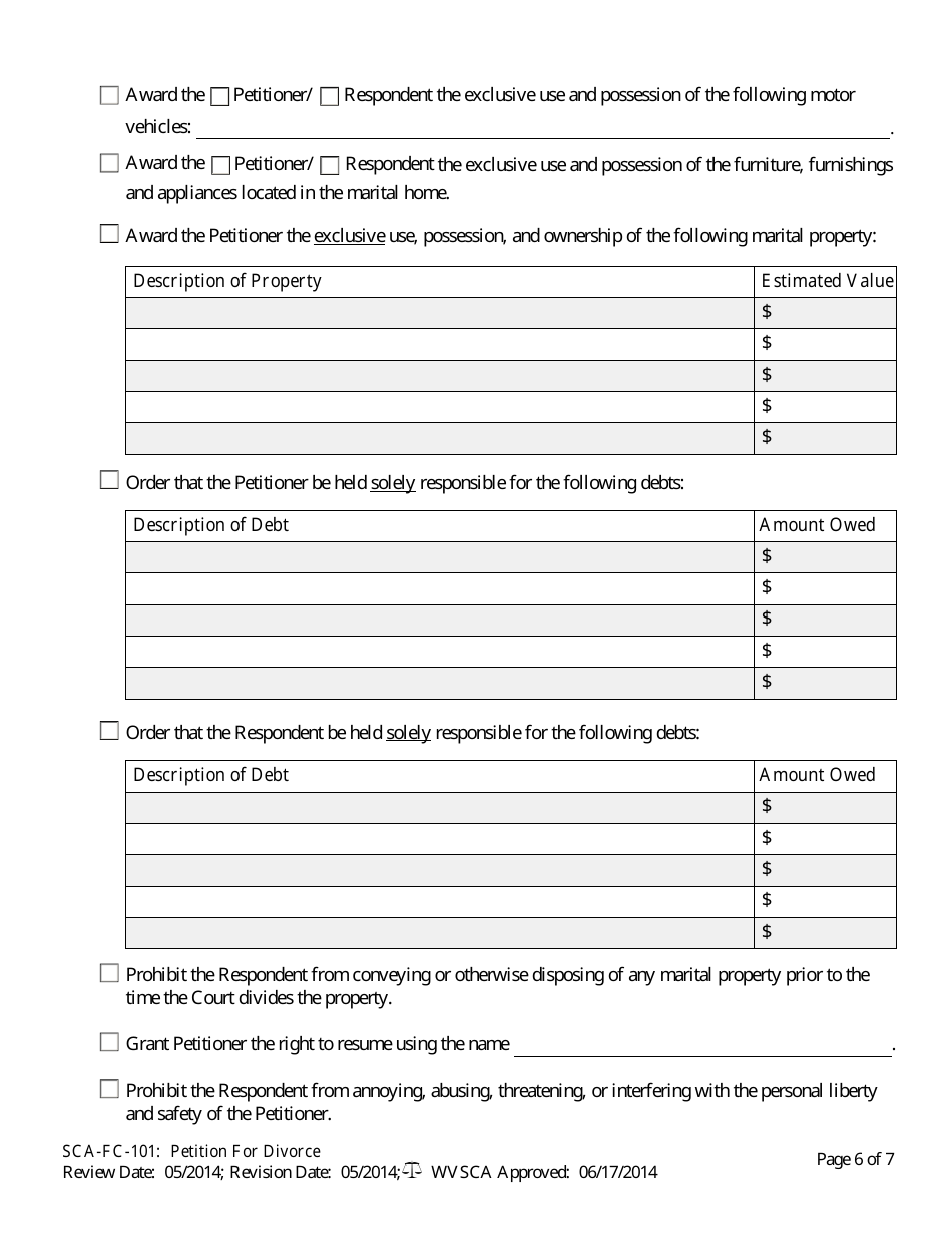 Form SCA-FC-101 Petition for Divorce - West Virginia, Page 6
