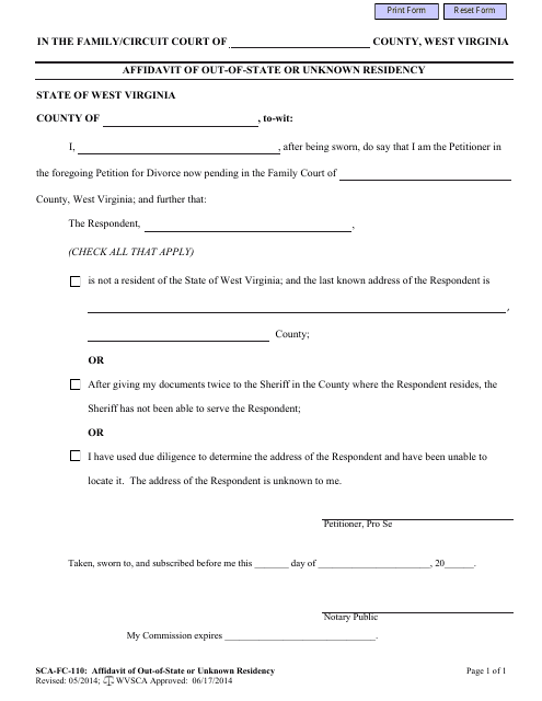 Form SCA-FC-110 Affidavit of Out-of-State or Unknown Residency - West Virginia