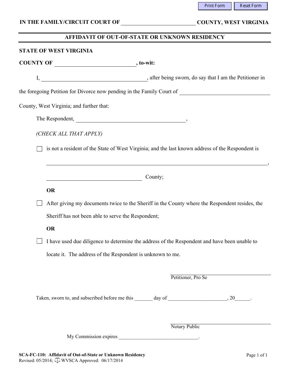 Form SCA-FC-110 Affidavit of Out-of-State or Unknown Residency - West Virginia, Page 1