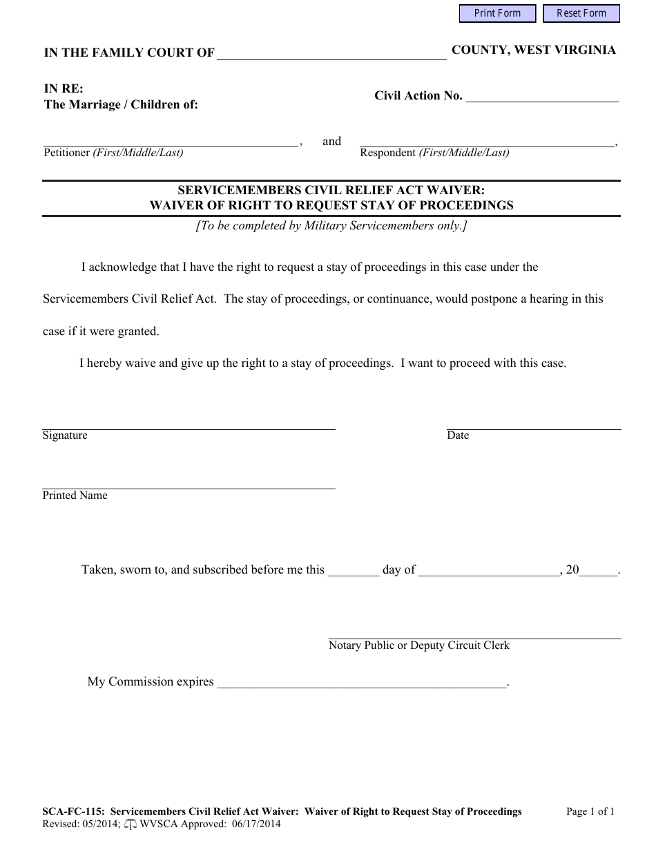 Form SCA-FC-115 Servicemembers Civil Relief Act Waiver: Waiver of Right to Request Stay of Proceedings - West Virginia, Page 1
