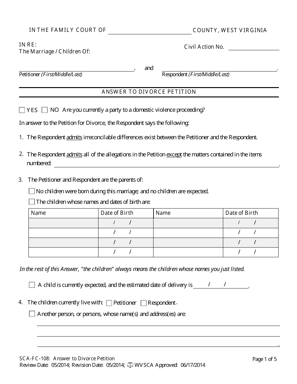Form SCA-FC-108 Answer to Divorce Petition - West Virginia, Page 1