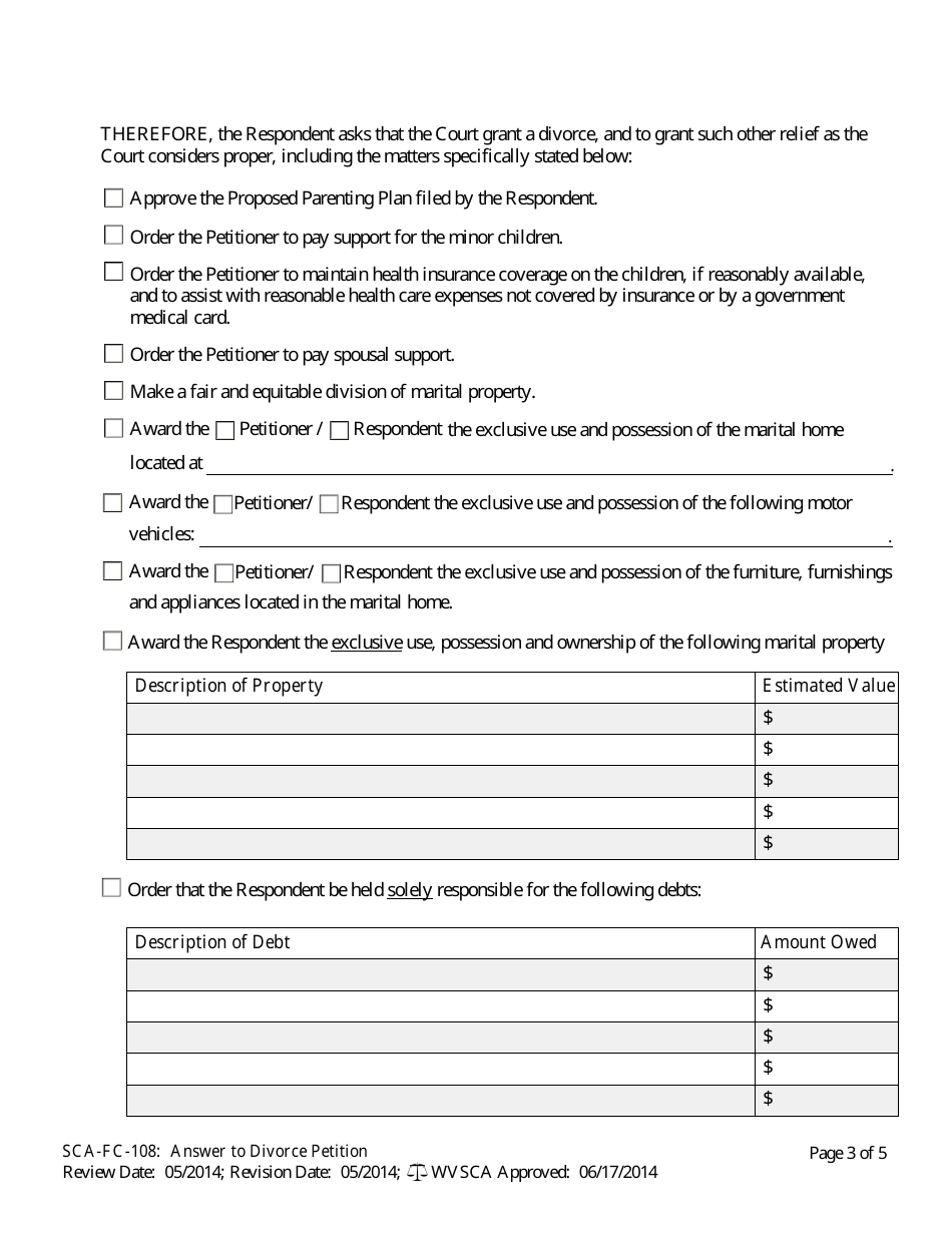 Form SCA-FC-108 Answer to Divorce Petition - West Virginia, Page 3