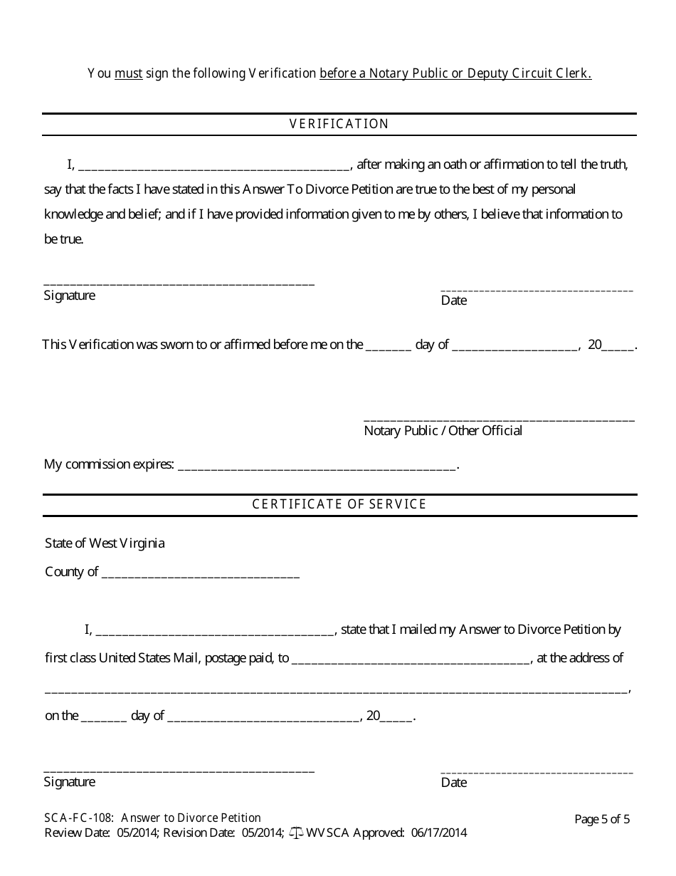 Form SCA-FC-108 Answer to Divorce Petition - West Virginia, Page 5