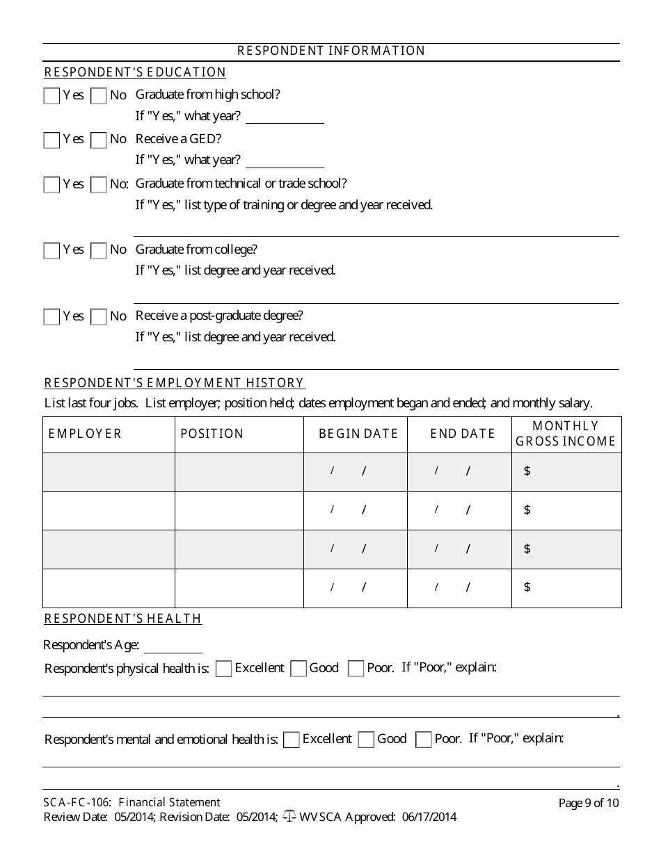 Form SCA-FC-106 Financial Statement - West Virginia, Page 9