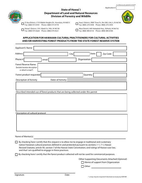 Application for Hawaiian Cultural Practitioners for Cultural Activities and / or Harvesting Forest Products From the State Forest Reserve System - Hawaii Download Pdf