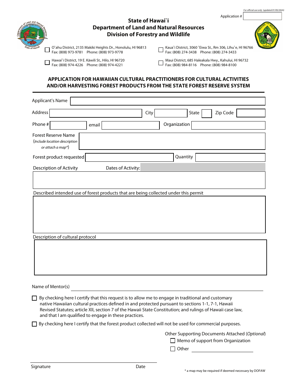 Application for Hawaiian Cultural Practitioners for Cultural Activities and / or Harvesting Forest Products From the State Forest Reserve System - Hawaii, Page 1