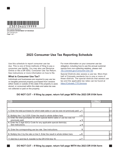 Form DR0104US Consumer Use Tax Reporting Schedule - Colorado, 2023