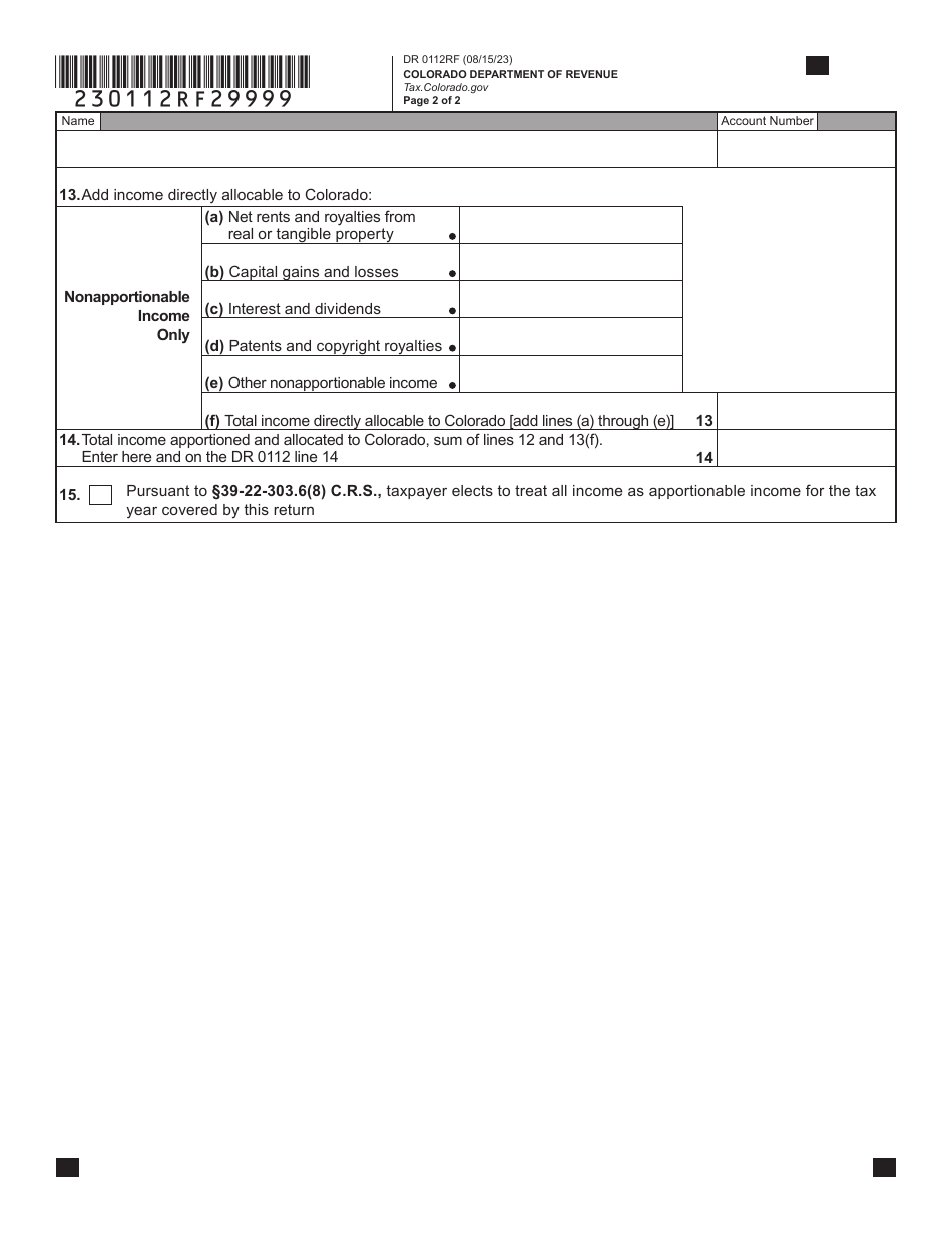 Form DR0112RF Schedule RF Apportionment Schedule - Colorado, Page 2