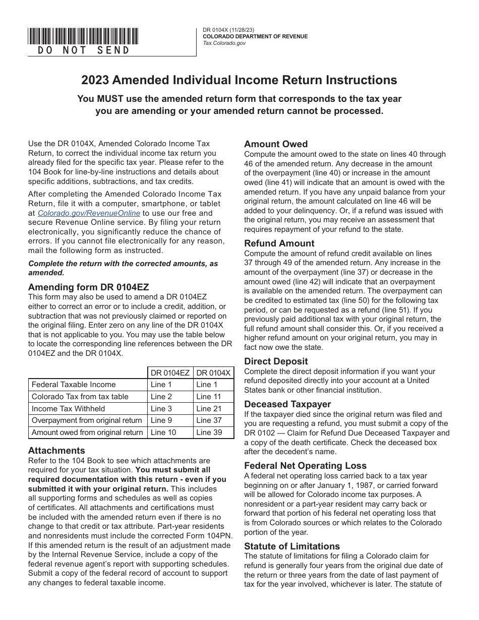 Form DR0104X Amended Colorado Individual Income Tax Return - Colorado, Page 1