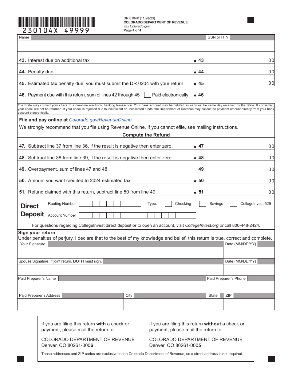 Form DR0104X Download Fillable PDF or Fill Online Amended Colorado ...