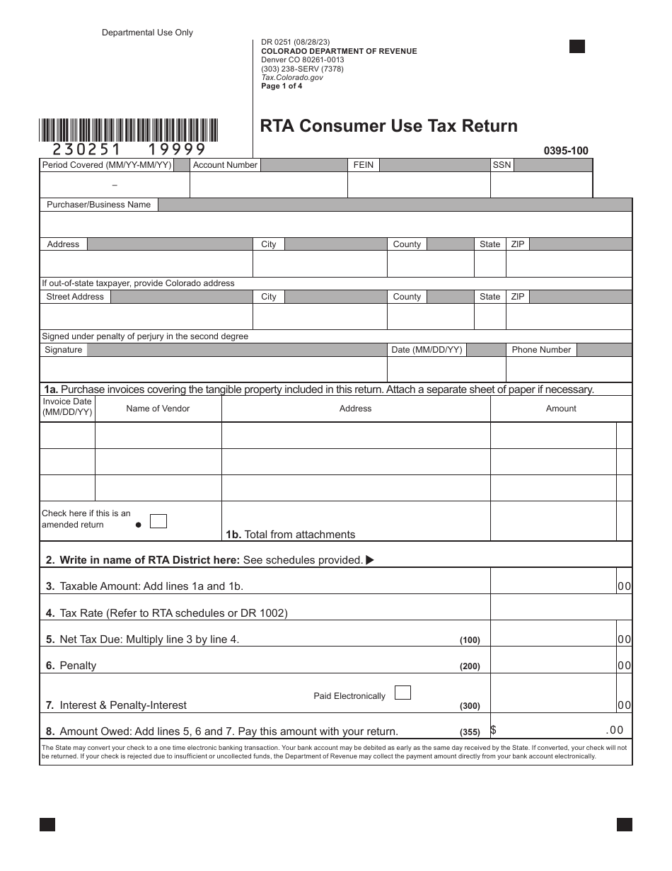 Form DR0251 Rta Consumer Use Tax Return - Colorado, Page 2