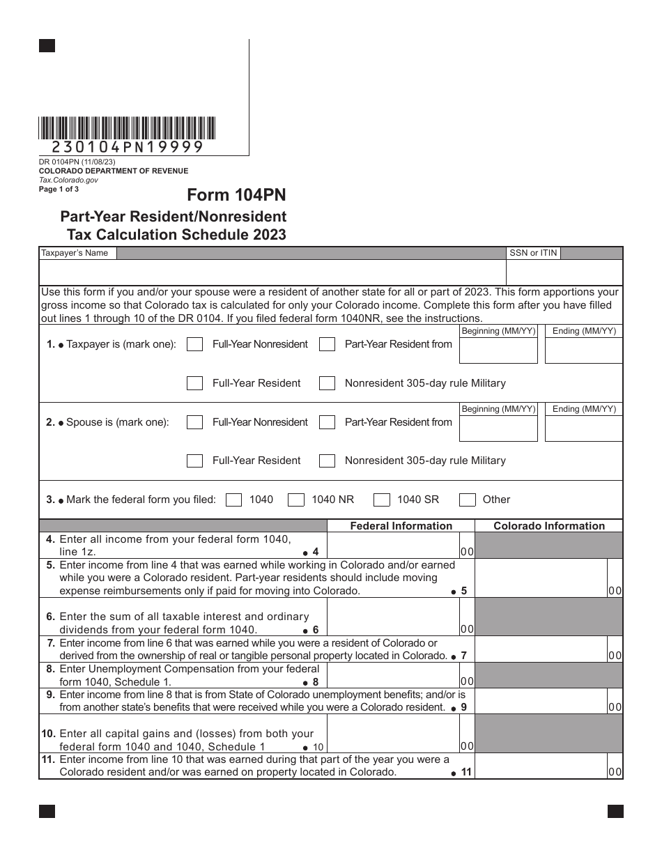 Form 104PN Part-Year Resident / Nonresident Tax Calculation Schedule - Colorado, Page 1