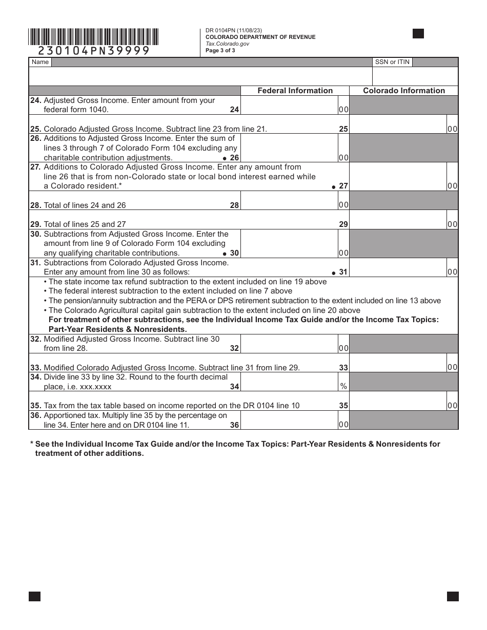 Form 104PN Part-Year Resident / Nonresident Tax Calculation Schedule - Colorado, Page 3