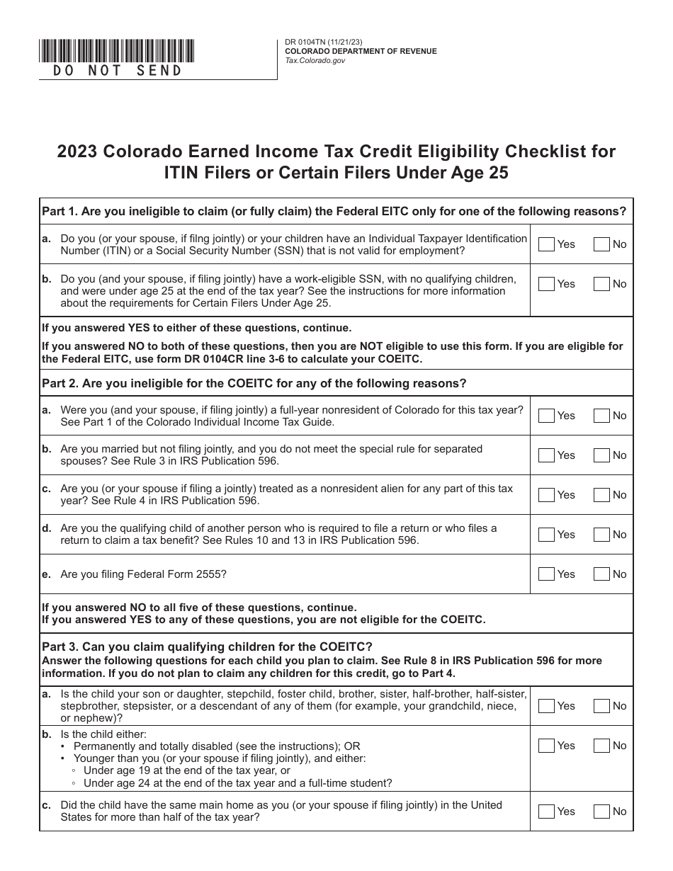 Form DR0104TN Colorado Earned Income Tax Credit for Itin Filers or Certain Filers Under Age 25 - Colorado, Page 3