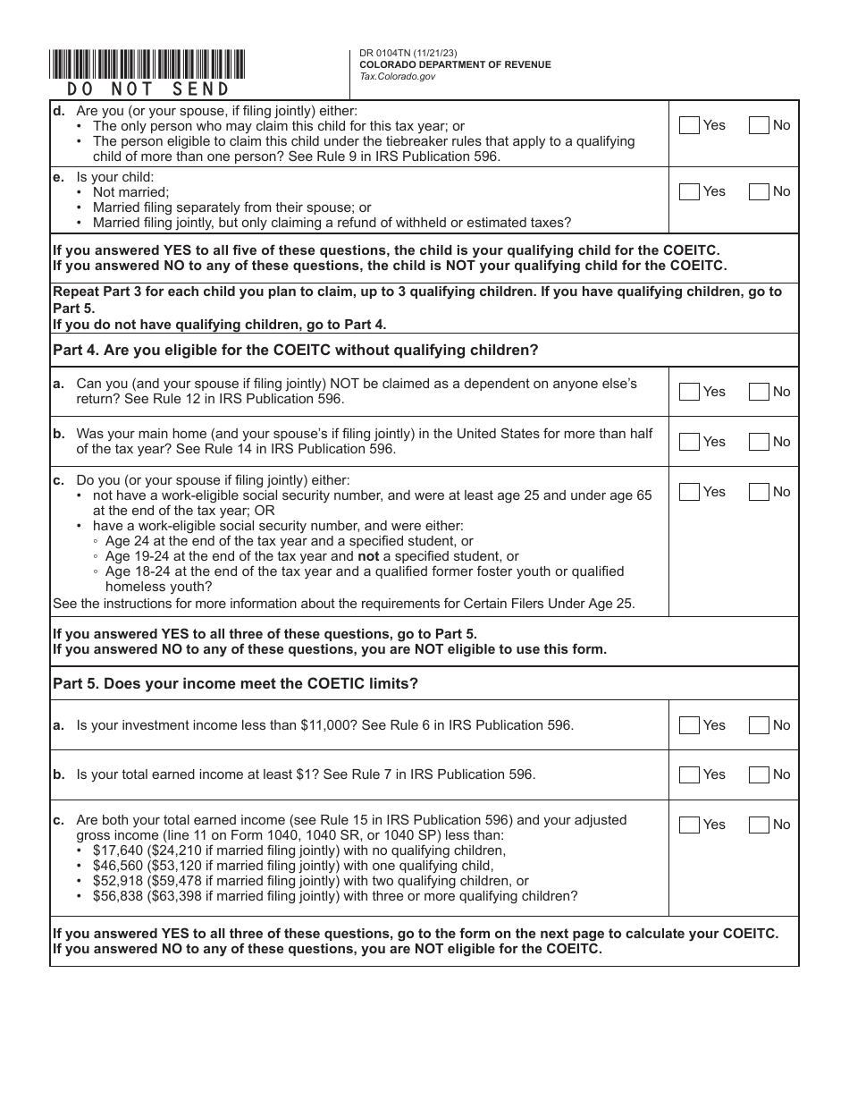Form DR0104TN Colorado Earned Income Tax Credit for Itin Filers or Certain Filers Under Age 25 - Colorado, Page 4