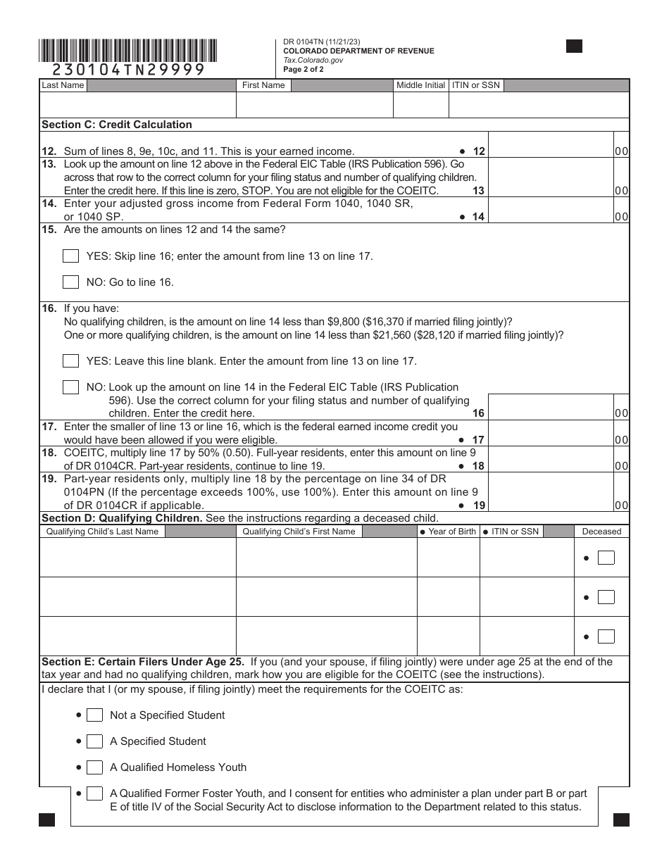 Form DR0104TN Colorado Earned Income Tax Credit for Itin Filers or Certain Filers Under Age 25 - Colorado, Page 6
