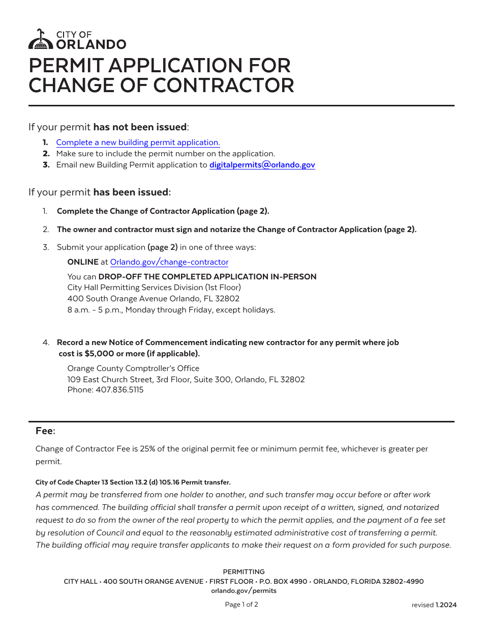 Permit Application for Change of Contractor - City of Orlando, Florida, Page 1