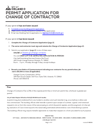 Document preview: Permit Application for Change of Contractor - City of Orlando, Florida
