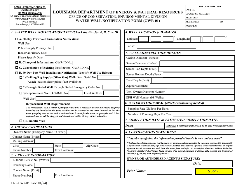 Form DENR-GWR-01 Water Well Notification Form - Louisiana