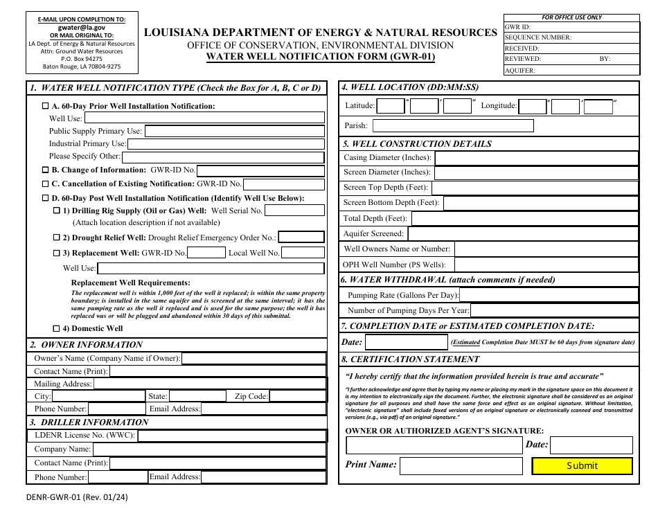 Form DENR-GWR-01 Water Well Notification Form - Louisiana, Page 1