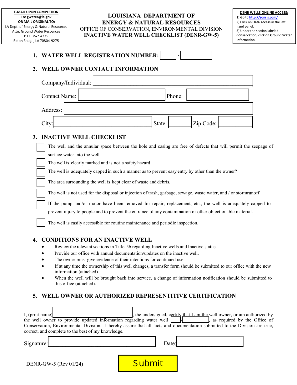 Form DENR-GW-5 Inactive Water Well Checklist - Louisiana, Page 1