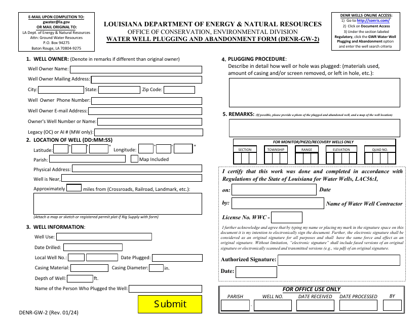 Form DENR-GW-2 Water Well Plugging and Abandonment Form - Louisiana