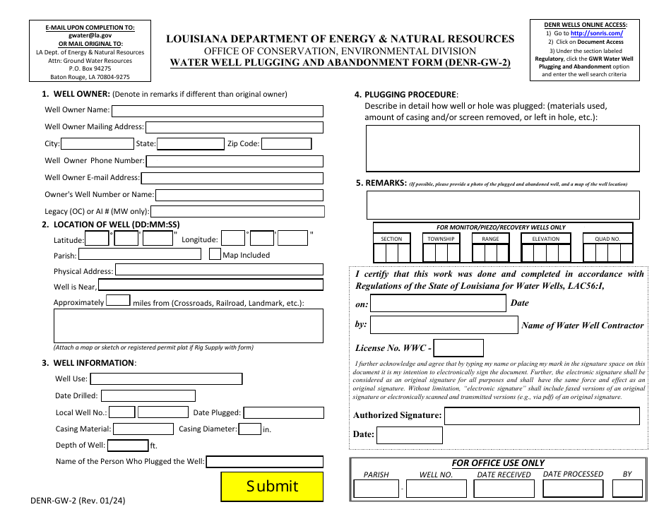 Form DENR-GW-2 Water Well Plugging and Abandonment Form - Louisiana, Page 1