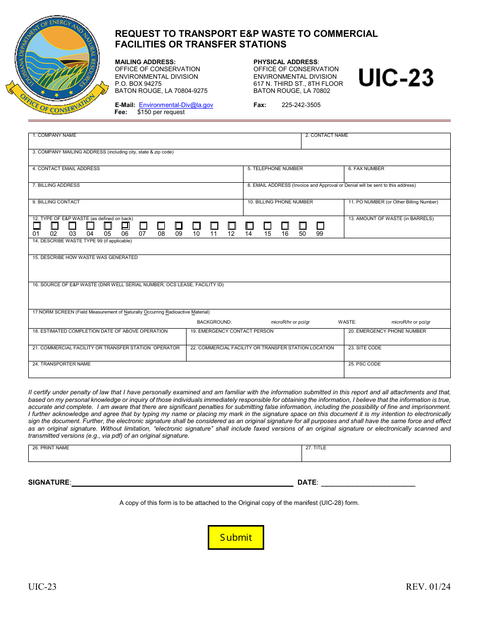 Form UIC-23 Request to Transport Ep Waste to Commercial Facilities or Transfer Stations - Louisiana, Page 1