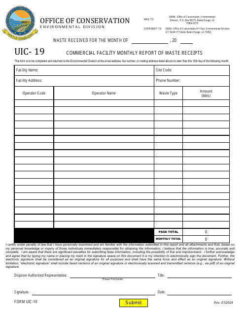 Form UIC-19 Commercial Facility Monthly Report of Waste Receipts - Long Form - Louisiana