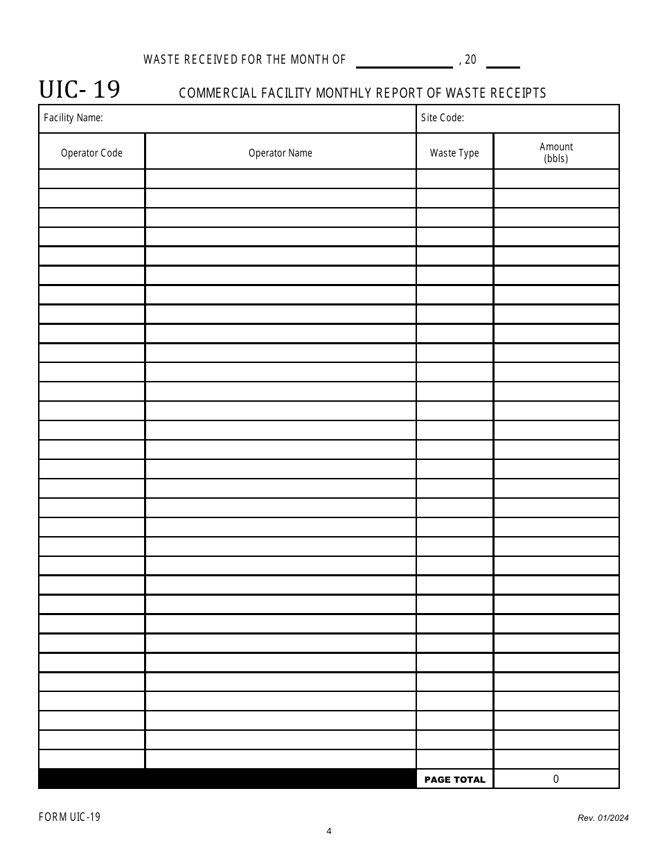 Form UIC-19 Commercial Facility Monthly Report of Waste Receipts - Long Form - Louisiana, Page 4