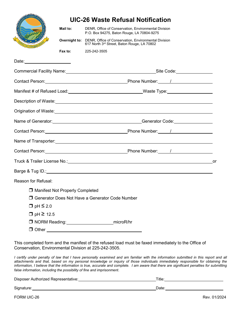 Form UIC-26 Waste Refusal Notification - Louisiana, Page 1
