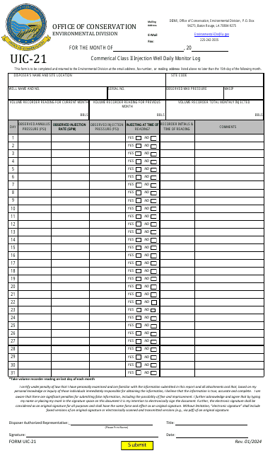 Form UIC-21 Commerical Class II Injection Well Daily Monitor Log - Louisiana
