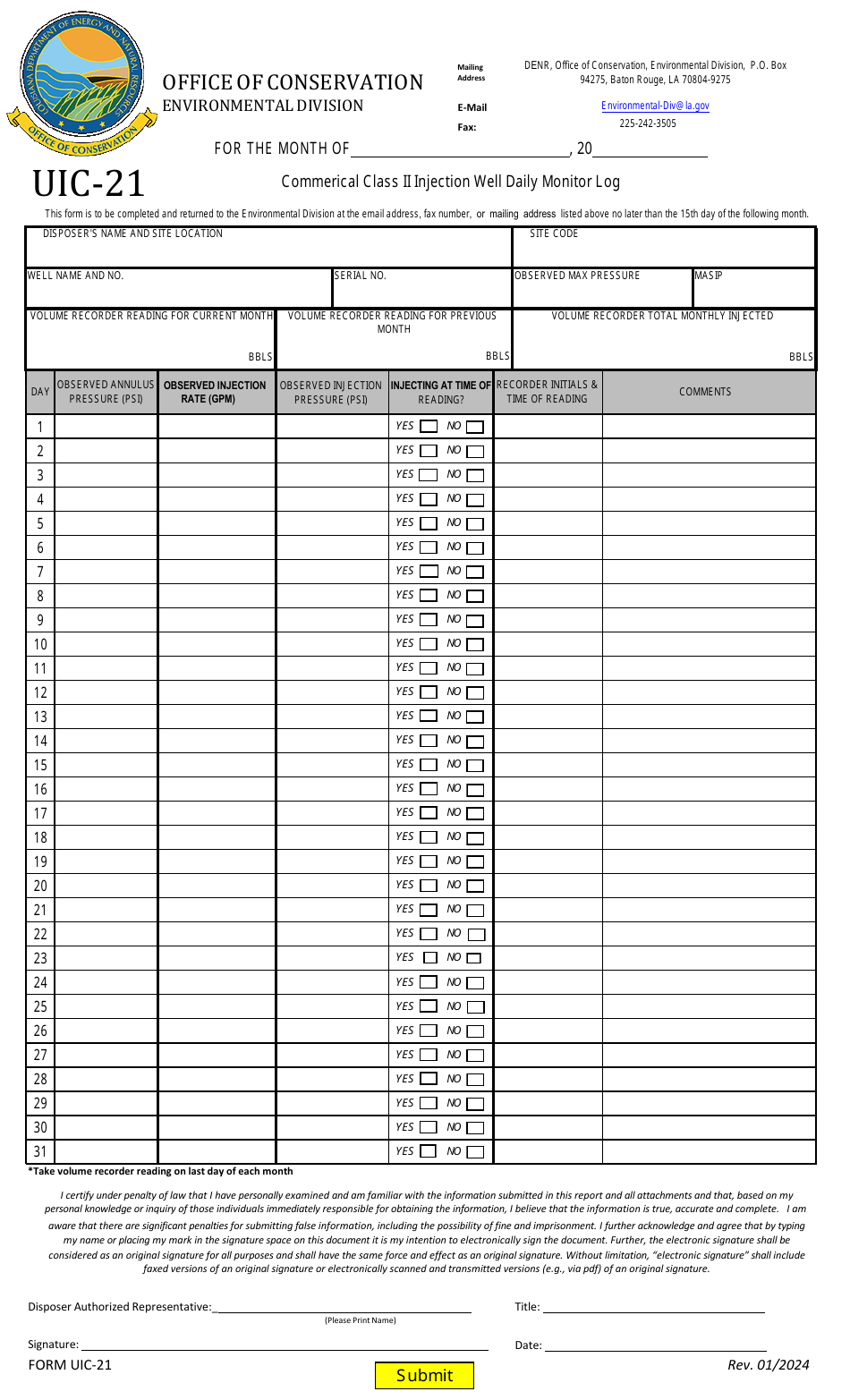 Form UIC-21 Commerical Class II Injection Well Daily Monitor Log - Louisiana, Page 1