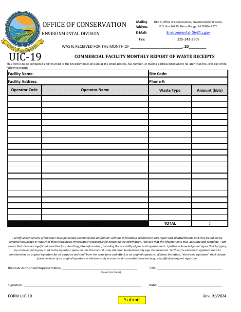 Form UIC-19 Commercial Facility Monthly Report of Waste Receipts - Louisiana