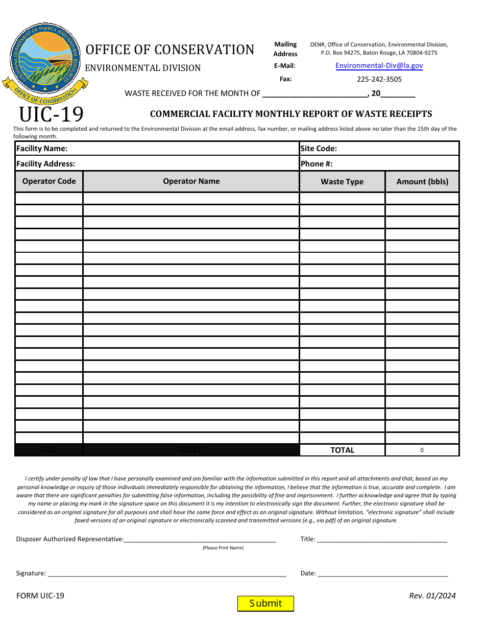 Form UIC-19 Commercial Facility Monthly Report of Waste Receipts - Louisiana, Page 1