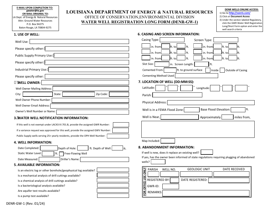 Form DENR-GW-1 Water Well Registration Long Form - Louisiana, Page 1