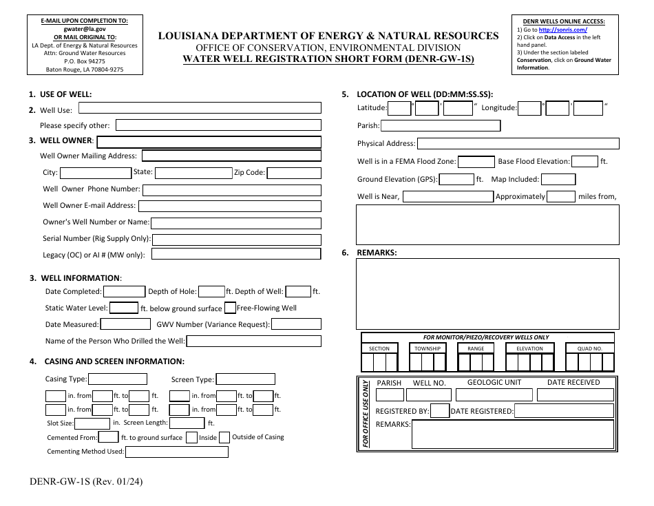 Form DENR-GW-1S Water Well Registration Short Form - Louisiana, Page 1