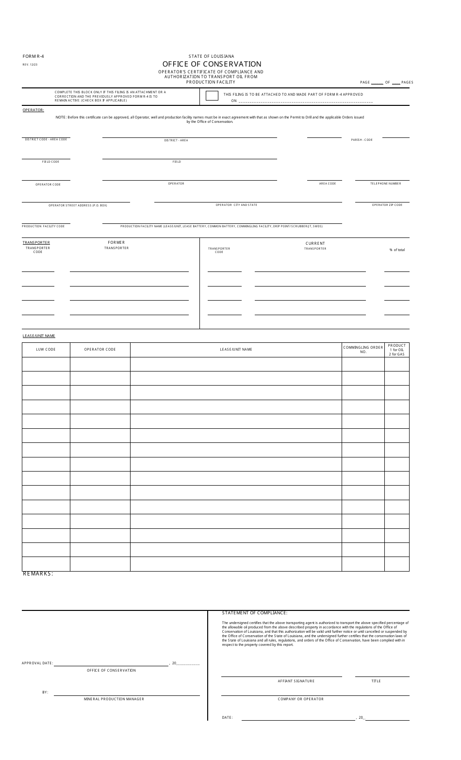 Form R-4 Operators Certificate of Compliance and Authorization to Transport Oil From Production Facility - Louisiana, Page 1