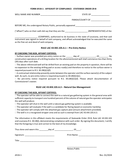 Form AFLN-1 Affidavit of Compliance - Statewide Order 29-b - Louisiana