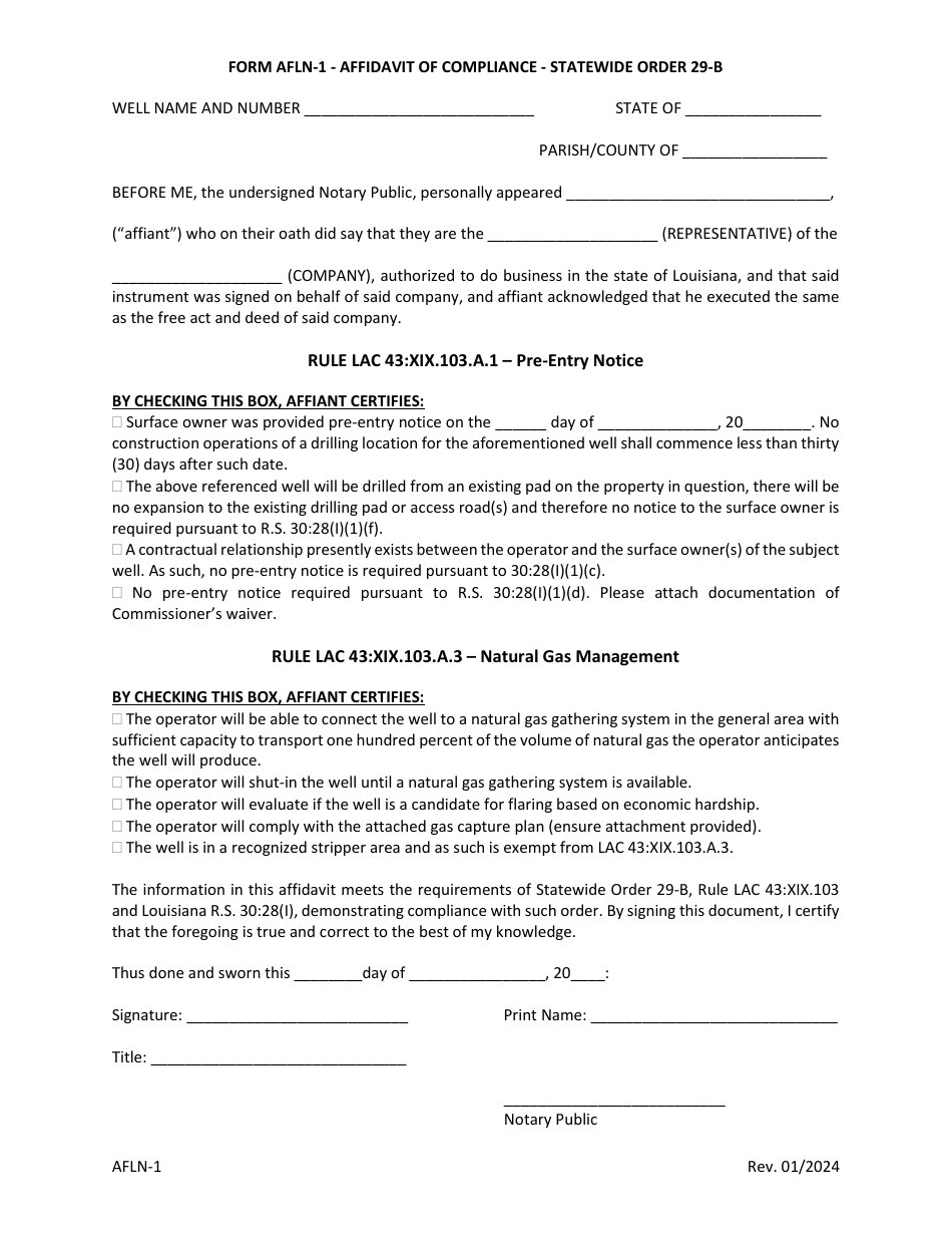 Form AFLN-1 Affidavit of Compliance - Statewide Order 29-b - Louisiana, Page 1