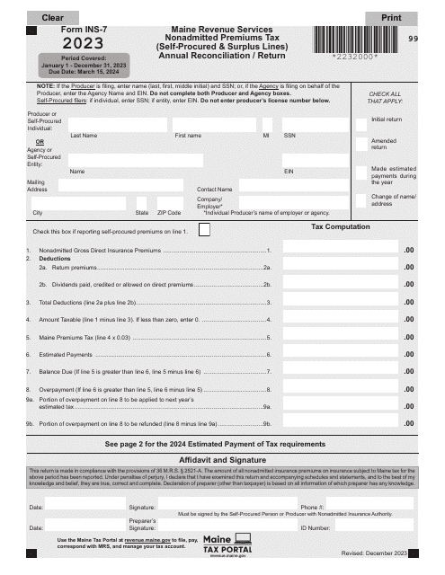 Form INS-7 Nonadmitted Premiums Tax (Self-procured and Surplus Lines) Annual Reconciliation/Return - Maine, 2023