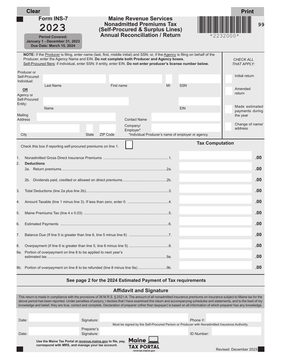 Form INS7 Download Fillable PDF or Fill Online Nonadmitted Premiums
