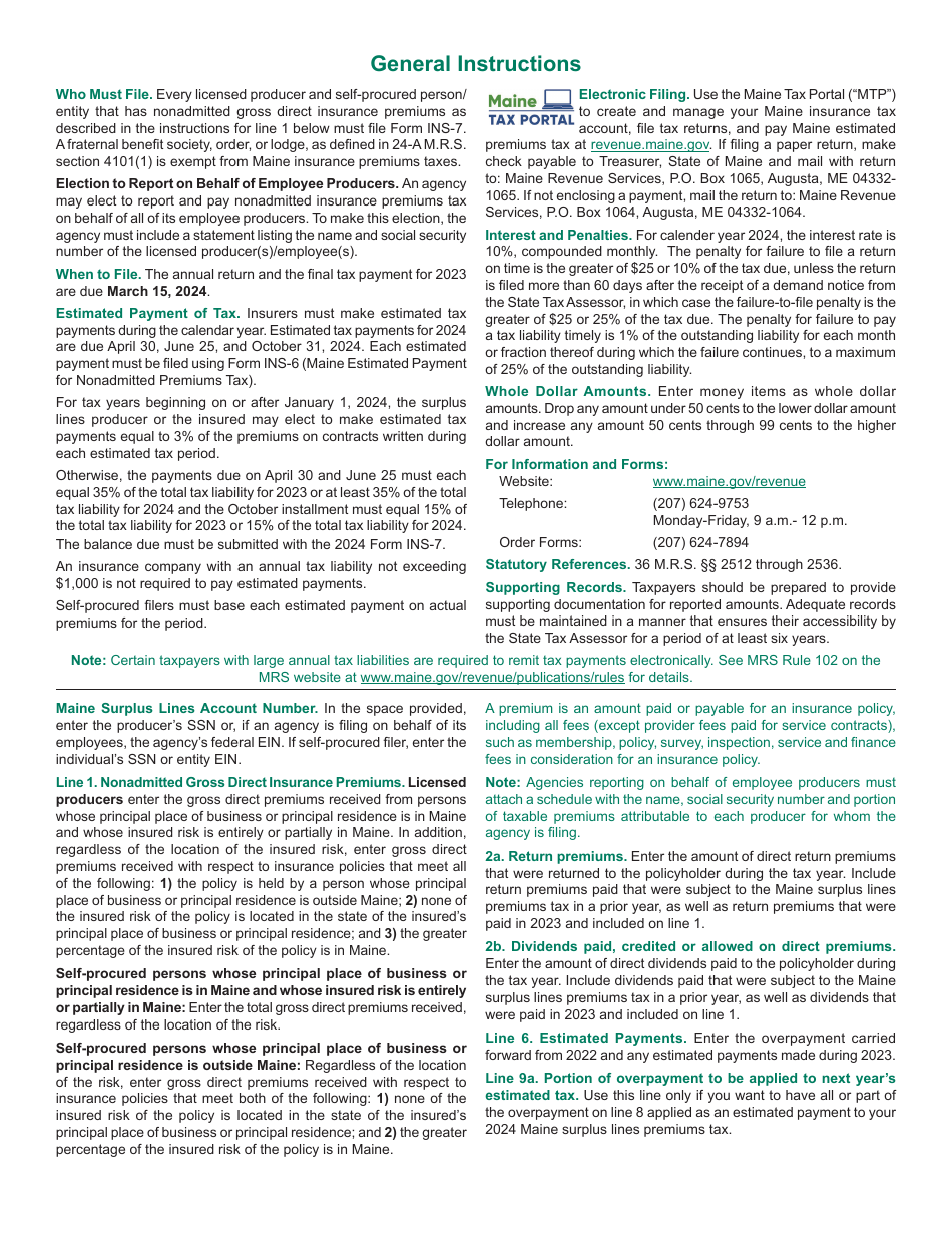 Form INS-7 Nonadmitted Premiums Tax (Self-procured and Surplus Lines) Annual Reconciliation / Return - Maine, Page 2